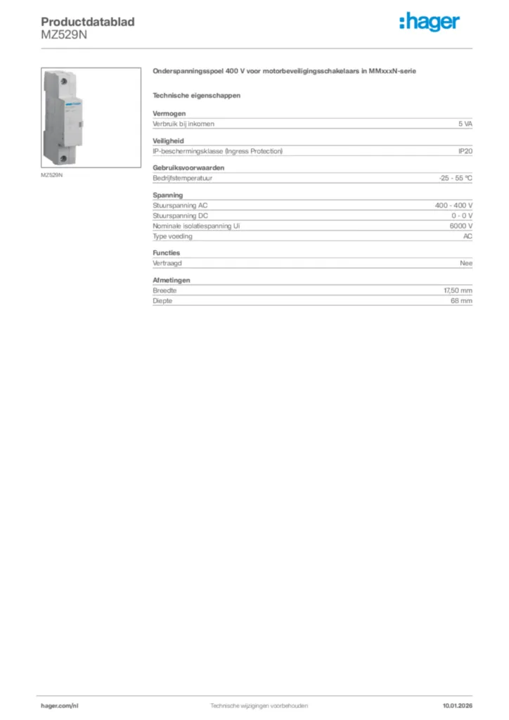 Afbeelding Hager Productdatablad MZ529N | Hager Nederland