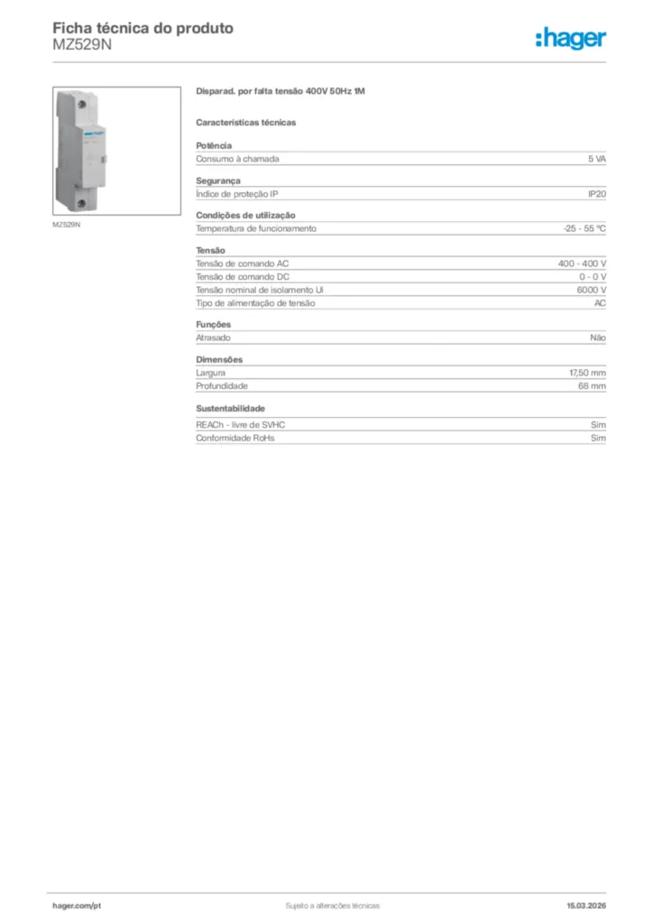 Imagem Hager Ficha técnica do produto MZ529N | Hager Portugal