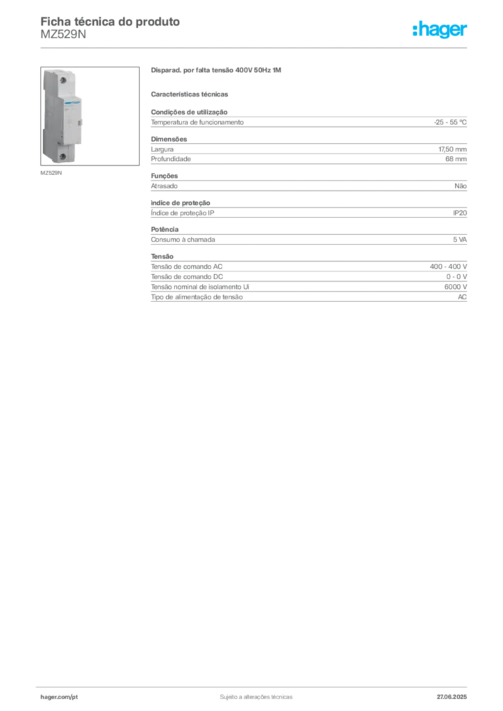 Imagem Hager Ficha técnica do produto MZ529N | Hager Portugal