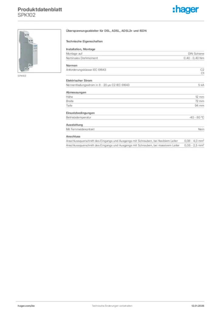 Bild Hager Produktdatenblatt SPK102 | Hager Deutschland