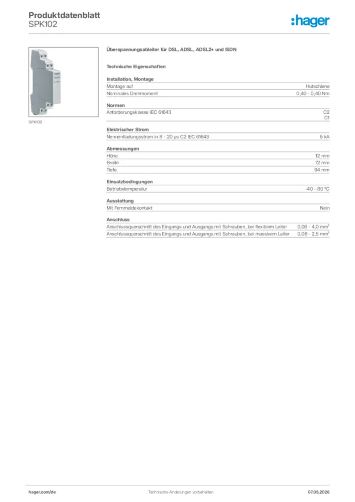 Bild Hager Produktdatenblatt SPK102 | Hager Deutschland