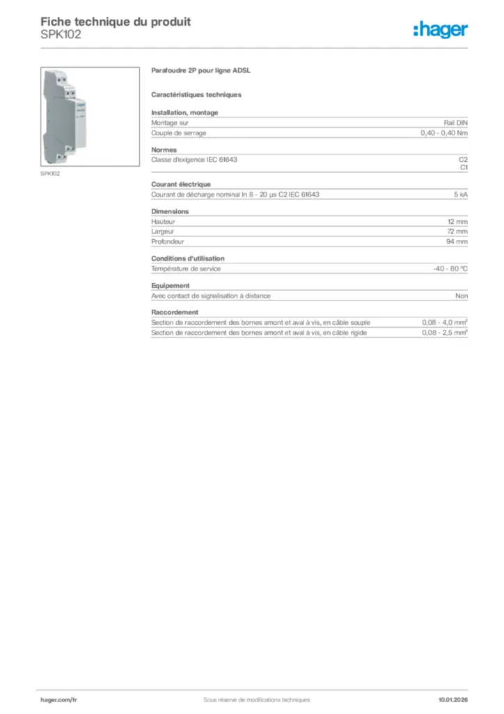 Image Hager Fiche technique du produit SPK102 | Hager France