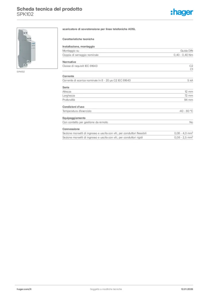 Immagine Hager Scheda tecnica del prodotto SPK102 | Hager Italia