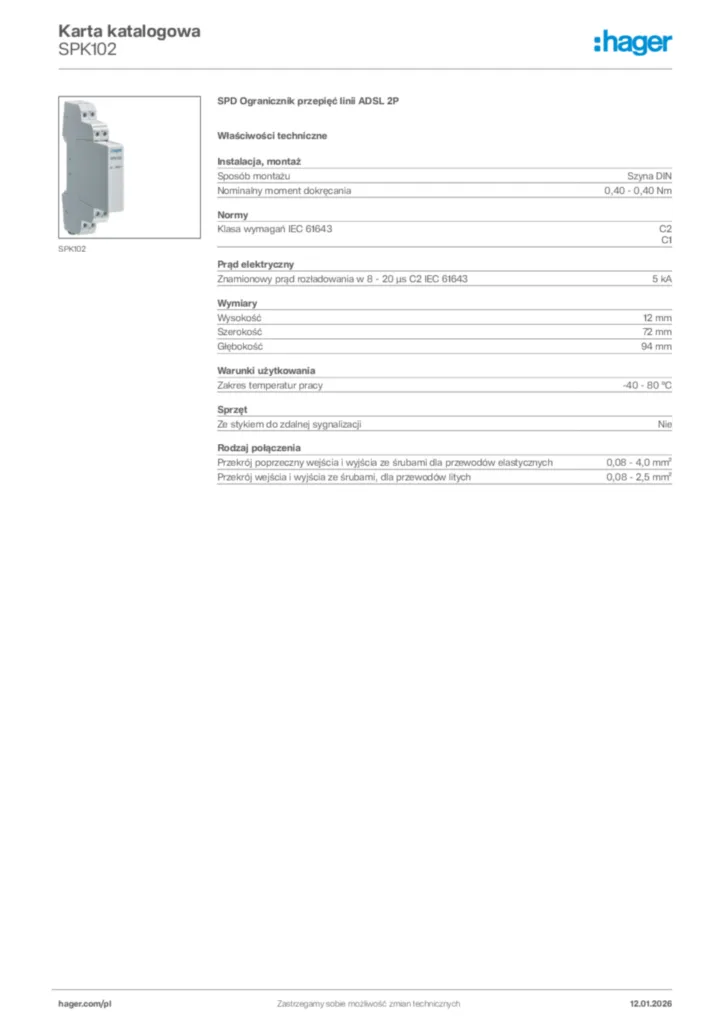 Zdjęcie Hager Karta katalogowa SPK102 | Hager Polska