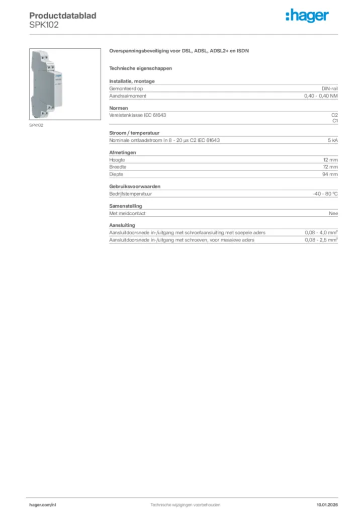 Afbeelding Hager Productdatablad SPK102 | Hager Nederland