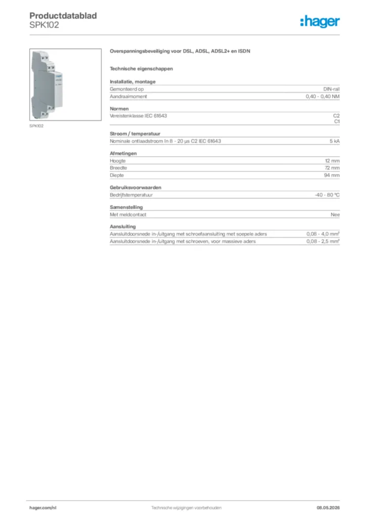 Afbeelding Hager Productdatablad SPK102 | Hager Nederland