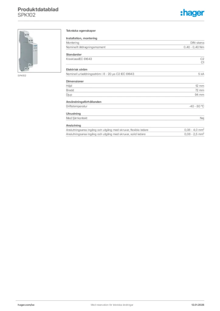 Bild Hager Produktdatablad SPK102 | Hager Sverige