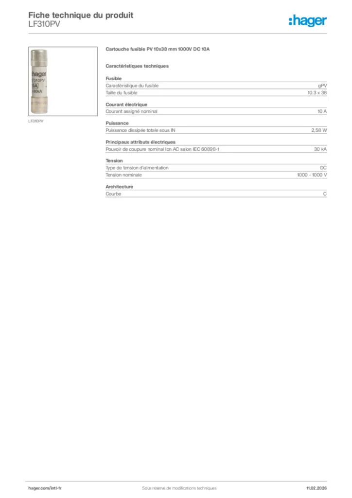 Image Hager Fiche technique du produit LF310PV | Hager Afrique