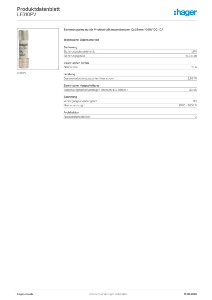 Bild Hager Produktdatenblatt LF310PV | Hager Deutschland