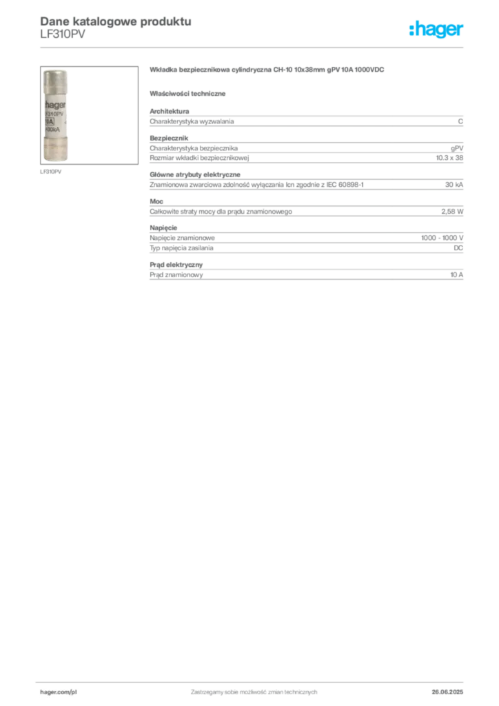 Zdjęcie Hager Dane katalogowe produktu LF310PV | Hager Polska