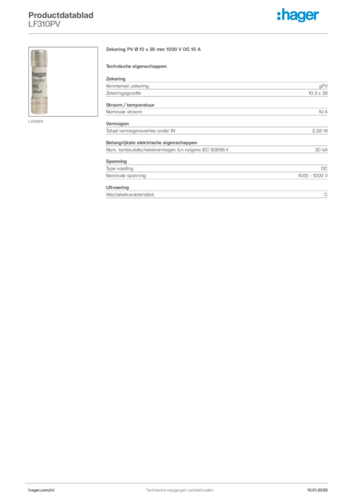Afbeelding Hager Productdatablad LF310PV | Hager Nederland