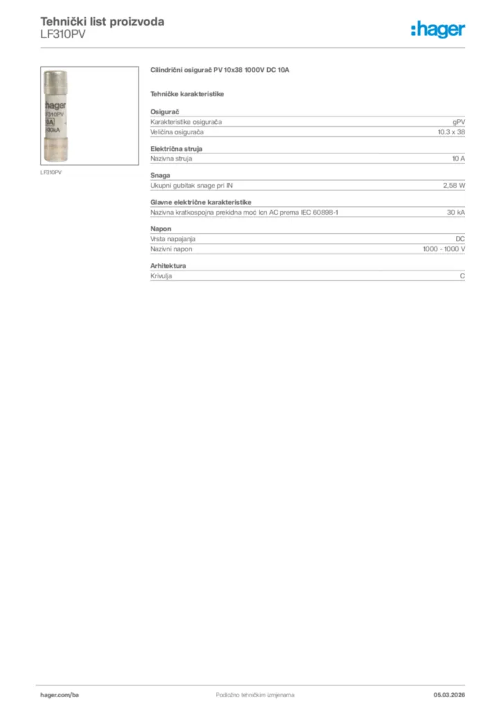 Slika Hager Tehnički list proizvoda LF310PV  | Hager