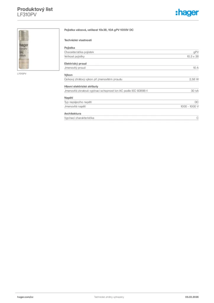 Obrázek Hager Product data sheet LF310PV | Hager