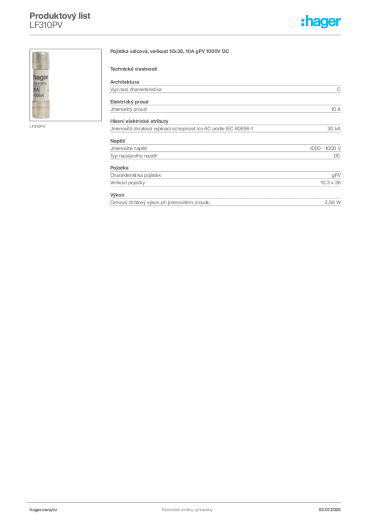 Obrázek Hager Produktový list LF310PV | Hager