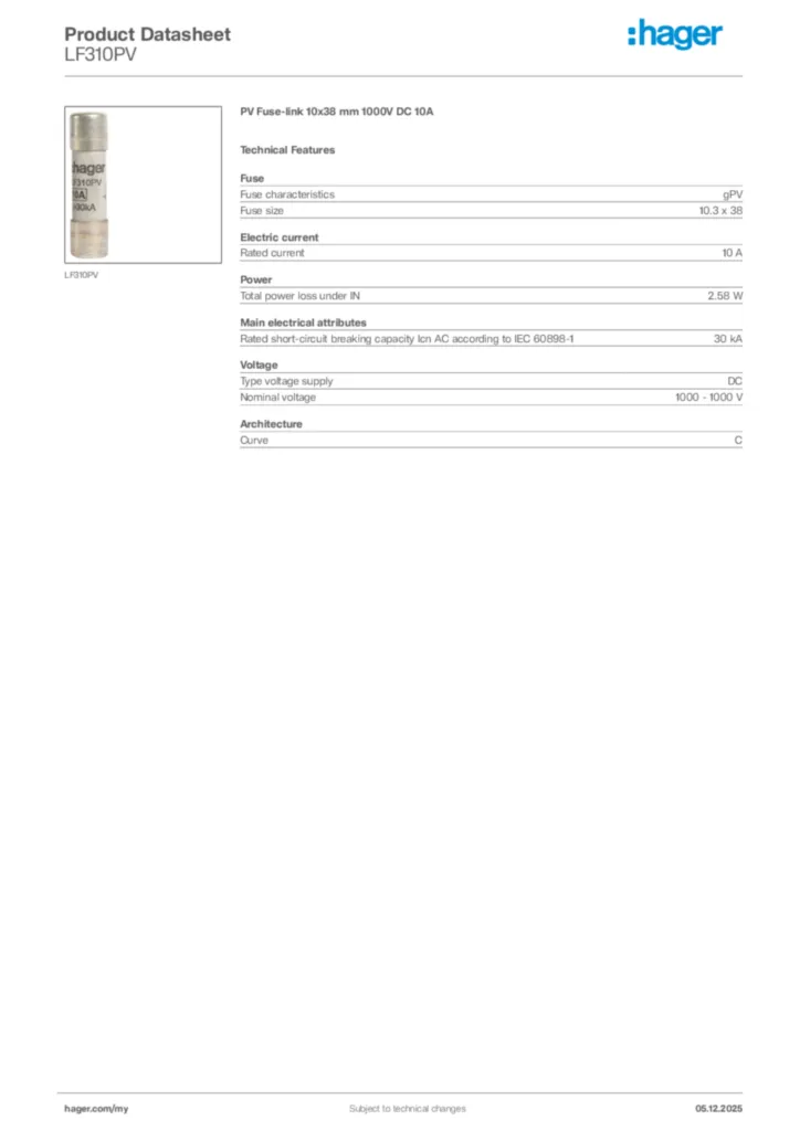 Image Hager Product data sheet LF310PV  | Hager