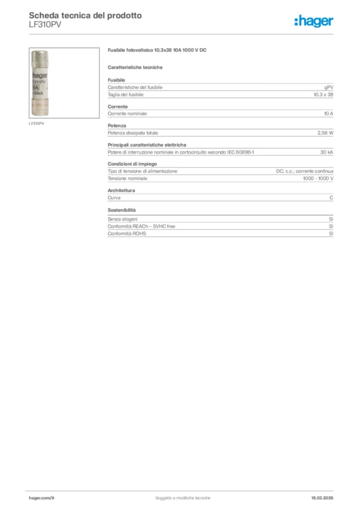 Immagine Hager Scheda tecnica del prodotto LF310PV | Hager Italia