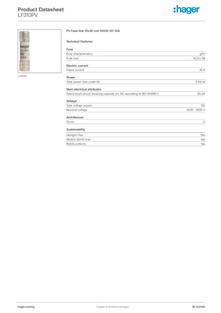 Image Hager Product data sheet LF310PV  | Hager