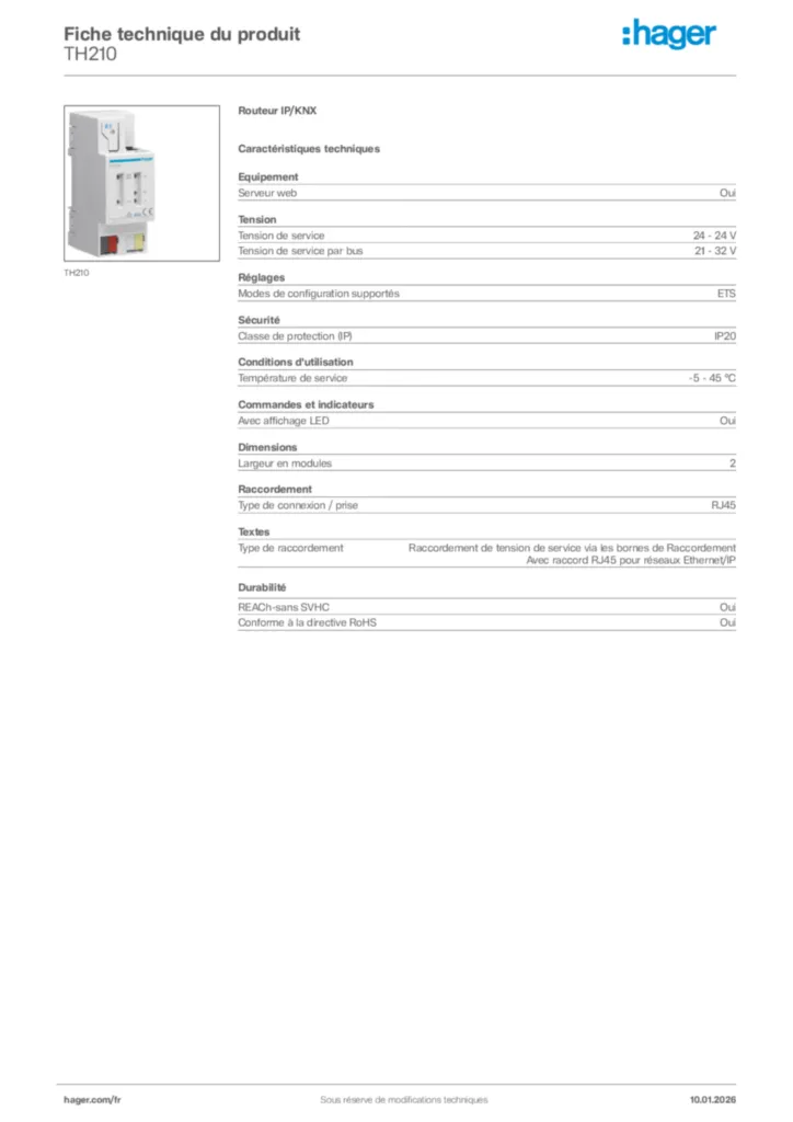 Image Hager Fiche technique du produit TH210 | Hager France