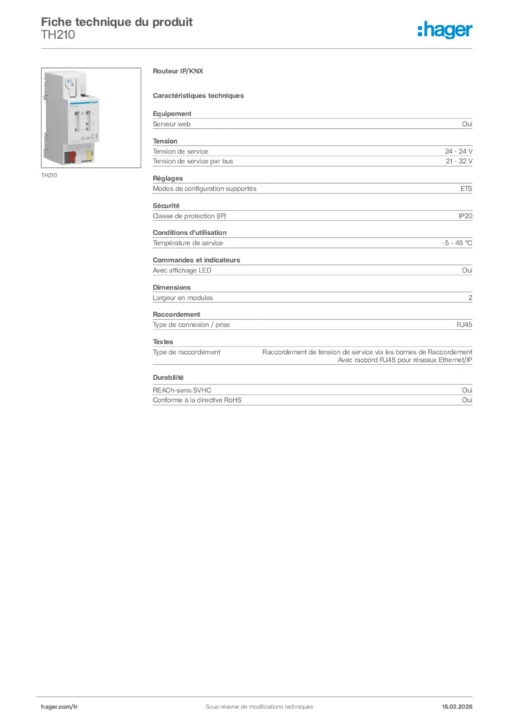 Image Hager Fiche technique du produit TH210 | Hager France