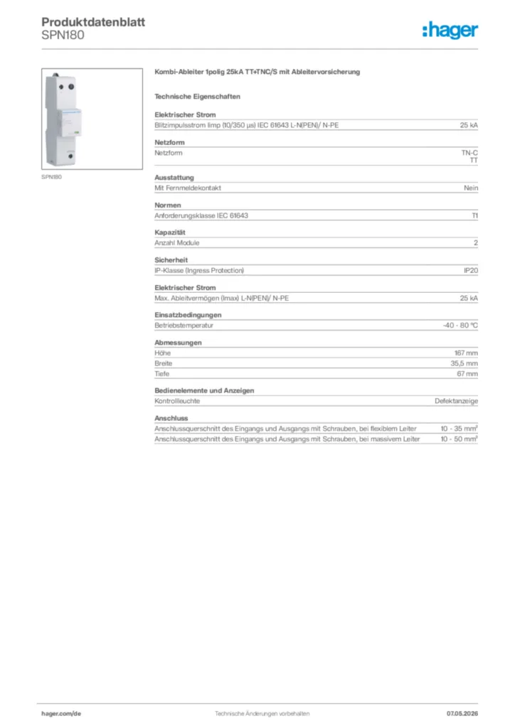 Bild Hager Produktdatenblatt SPN180 | Hager Deutschland