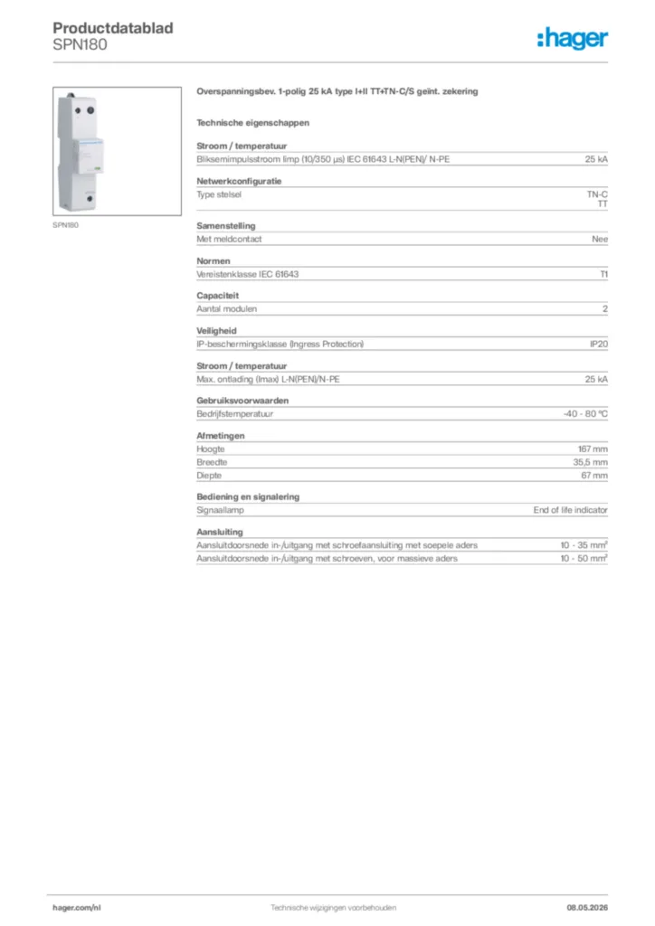 Afbeelding Hager Productdatablad SPN180 | Hager Nederland