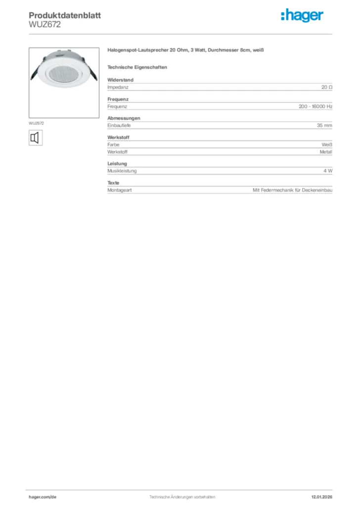 Bild Hager Produktdatenblatt WUZ672 | Hager Deutschland