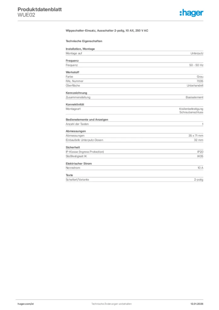 Bild Hager Produktdatenblatt WUE02 | Hager Deutschland