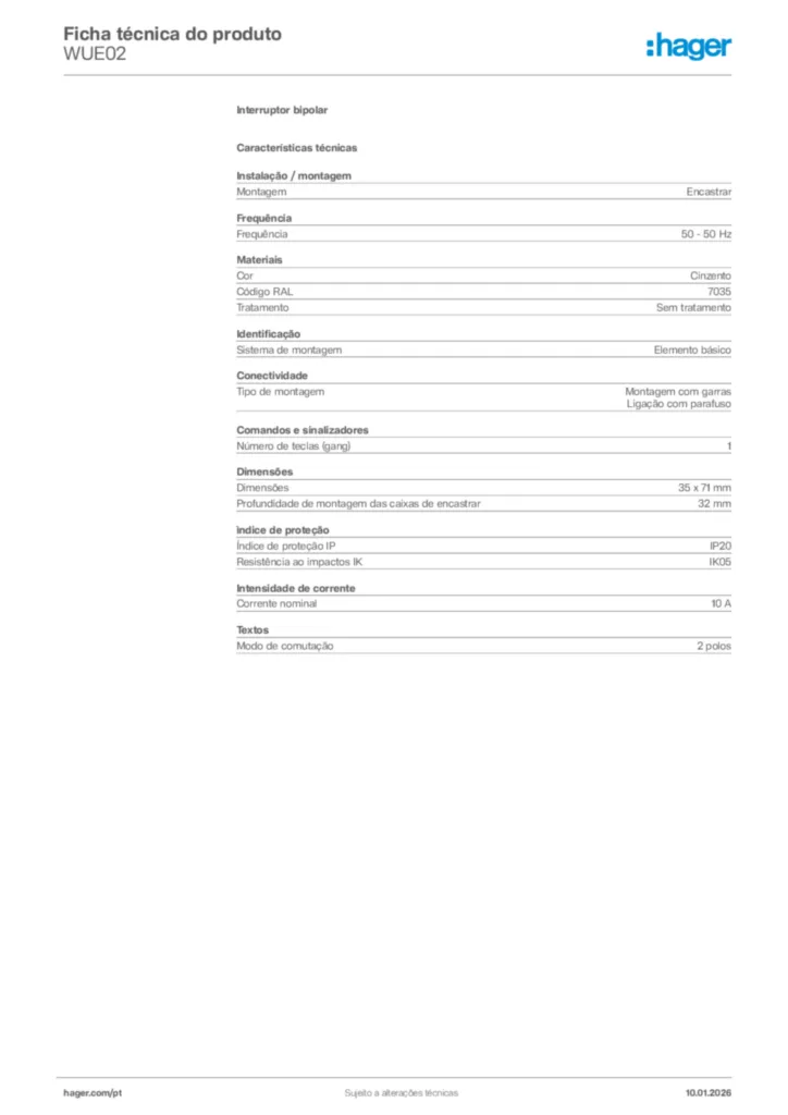 Imagem Hager Ficha técnica do produto WUE02 | Hager Portugal