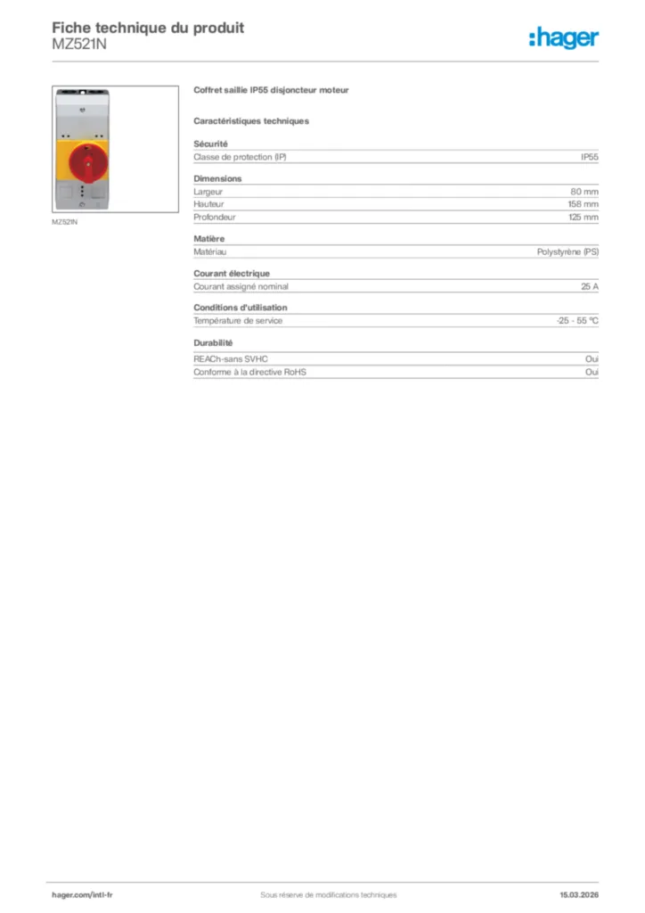 Image Hager Fiche technique du produit MZ521N | Hager Afrique