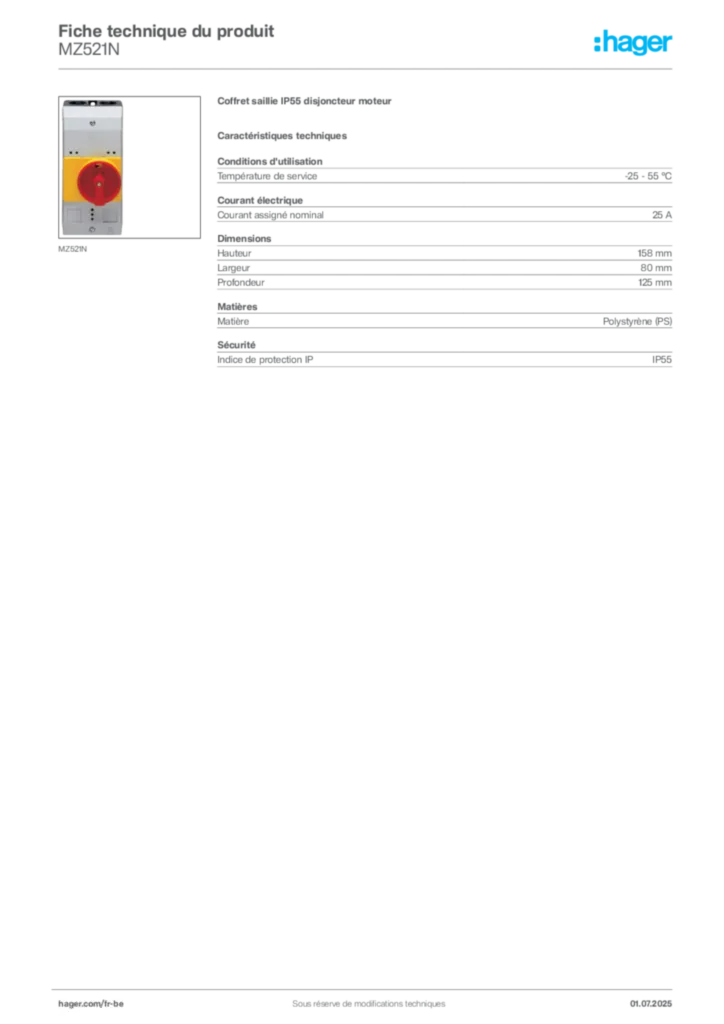 Image Hager Fiche technique du produit MZ521N | Hager Belgique