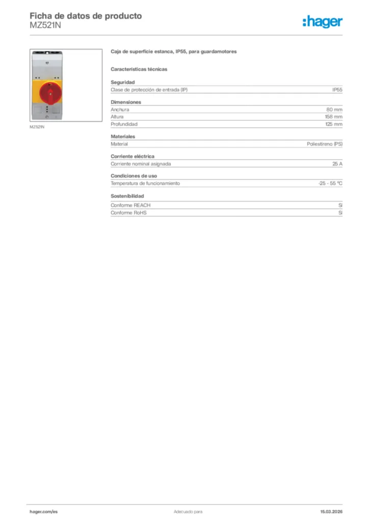 Imagen Hager Ficha de datos de producto MZ521N | Hager España