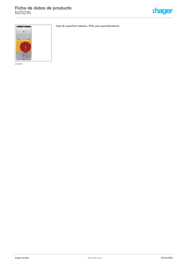 Imagen Hager Ficha de datos de producto MZ521N | Hager España