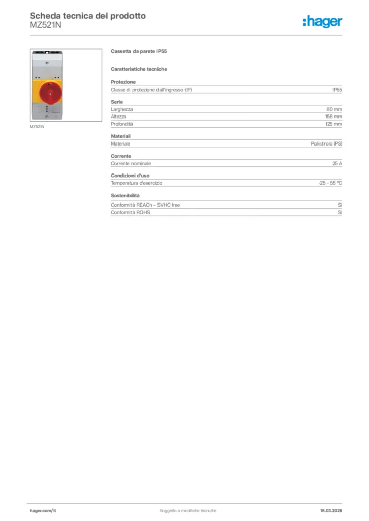 Immagine Hager Scheda tecnica del prodotto MZ521N | Hager Italia