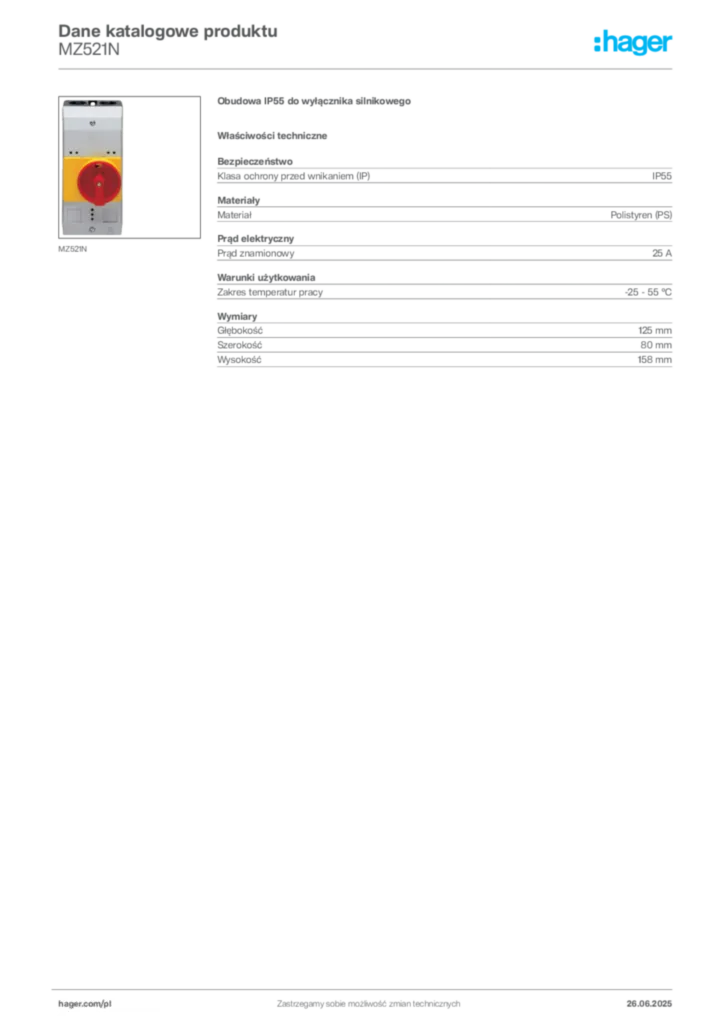 Zdjęcie Hager Dane katalogowe produktu MZ521N | Hager Polska