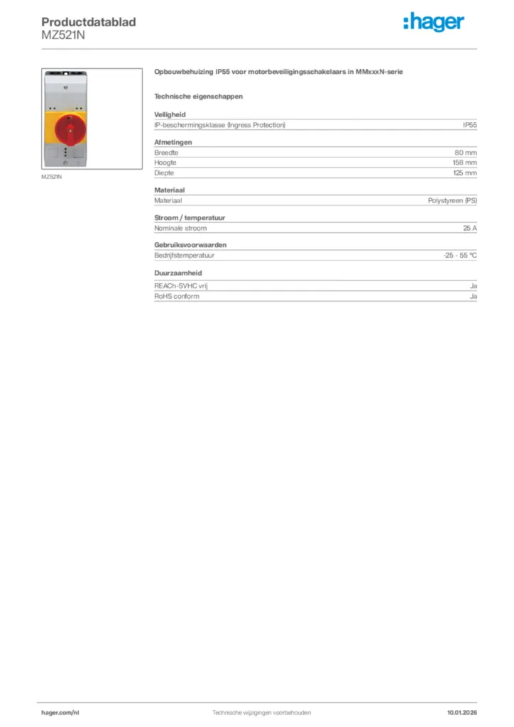 Afbeelding Hager Productdatablad MZ521N | Hager Nederland