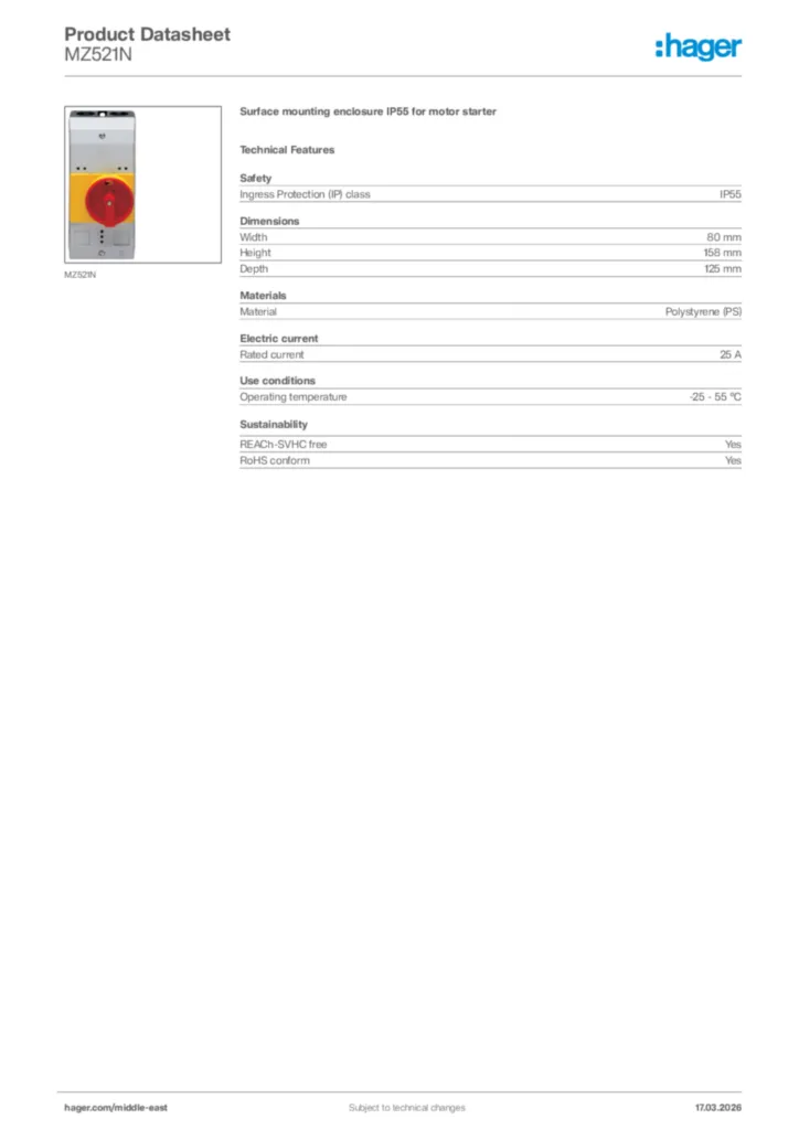 Image Hager Product data sheet MZ521N  | Hager