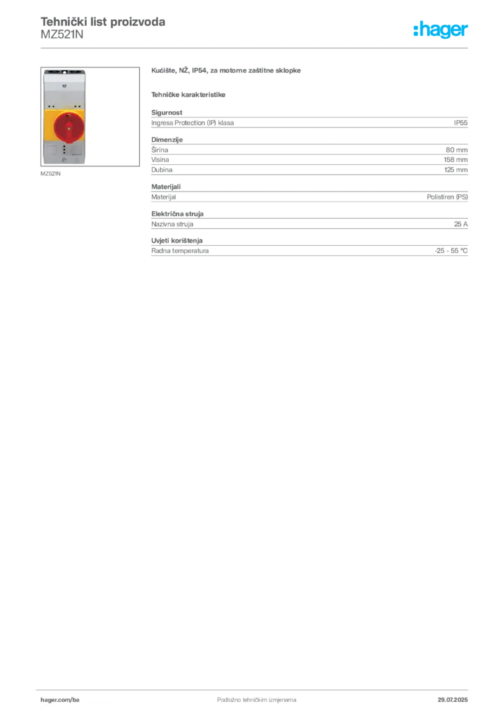 Slika Hager Product data sheet MZ521N  | Hager