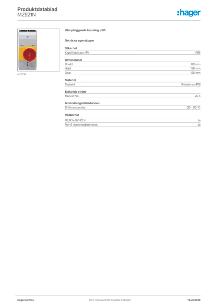 Bild Hager Produktdatablad MZ521N | Hager Sverige
