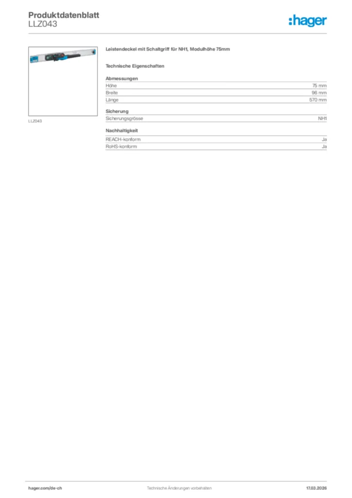Bild Hager Produktdatenblatt LLZ043 | Hager Schweiz