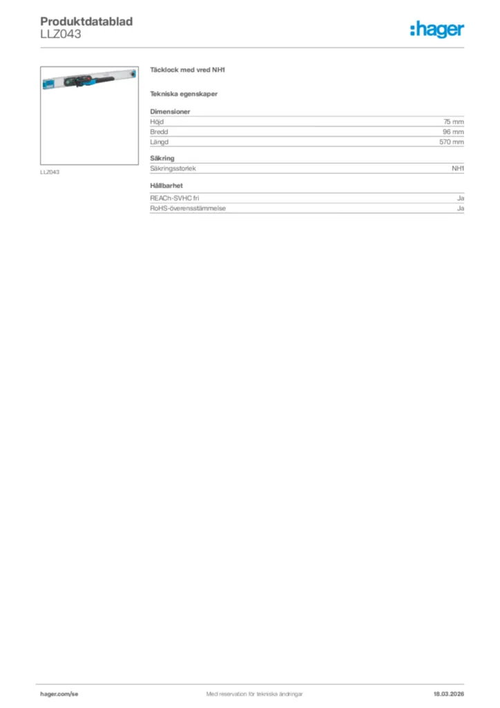 Bild Hager Produktdatablad LLZ043 | Hager Sverige