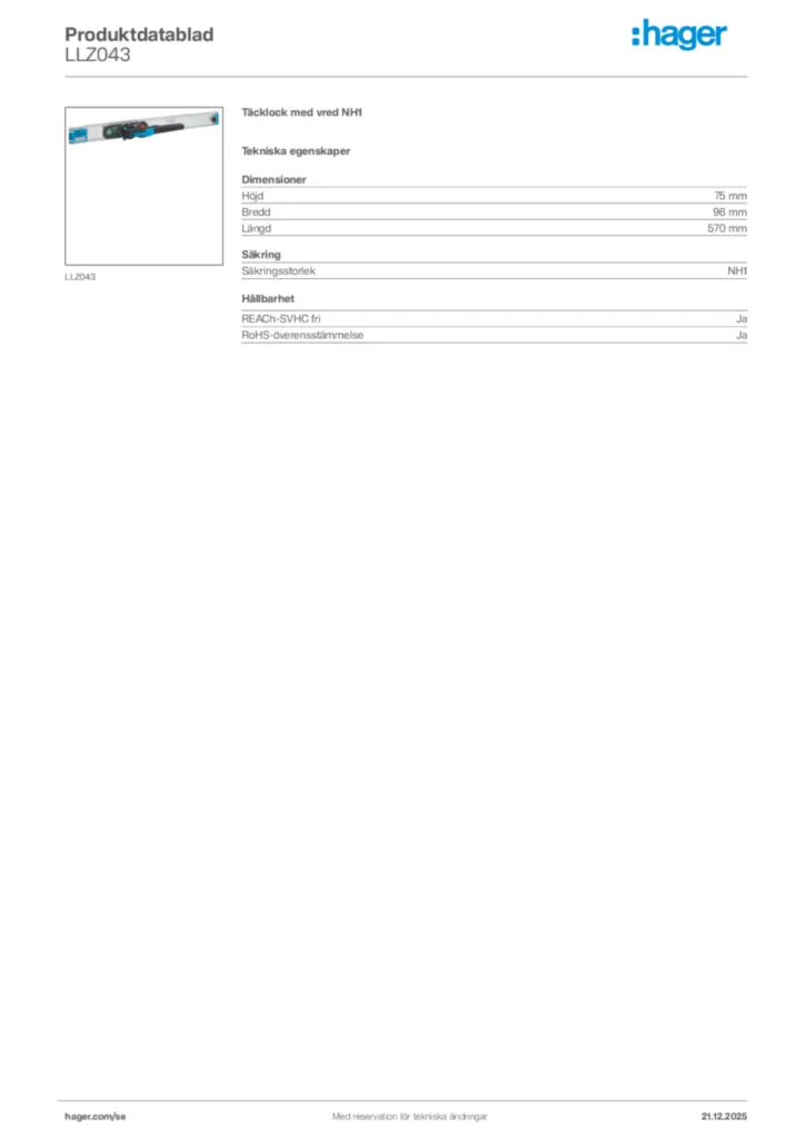 Bild Hager Produktdatablad LLZ043 | Hager Sverige