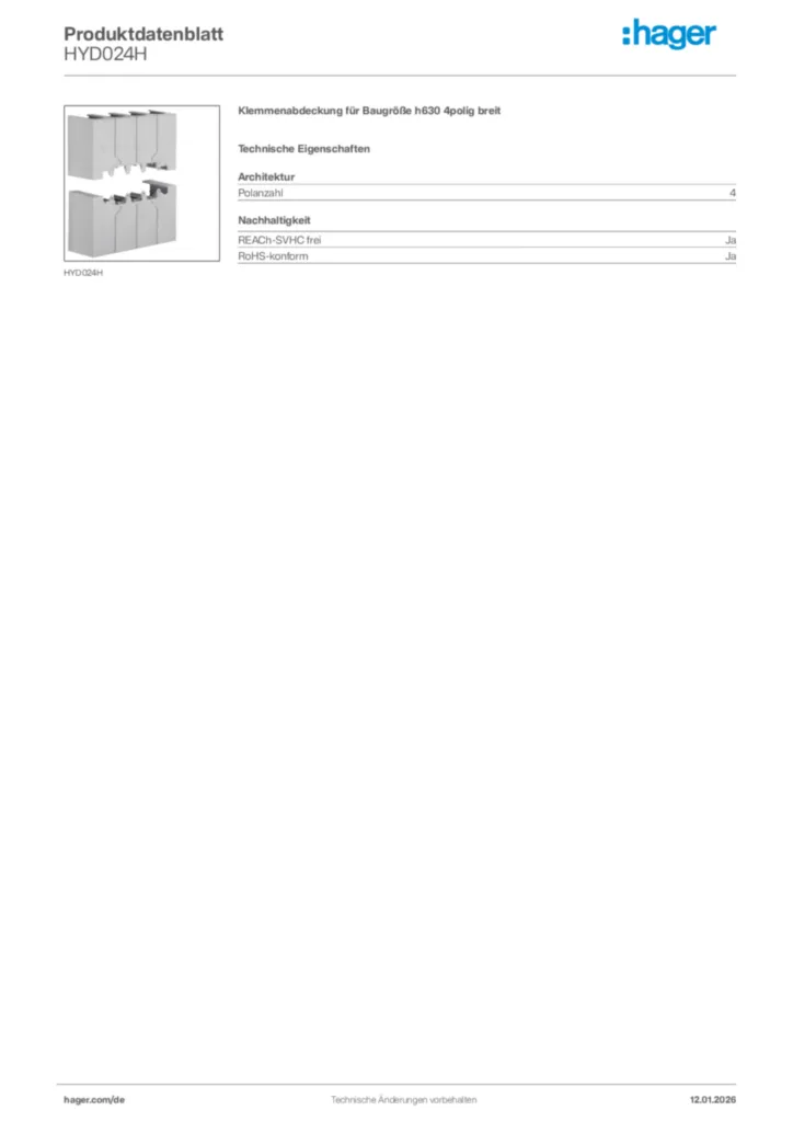 Bild Hager Produktdatenblatt HYD024H | Hager Deutschland