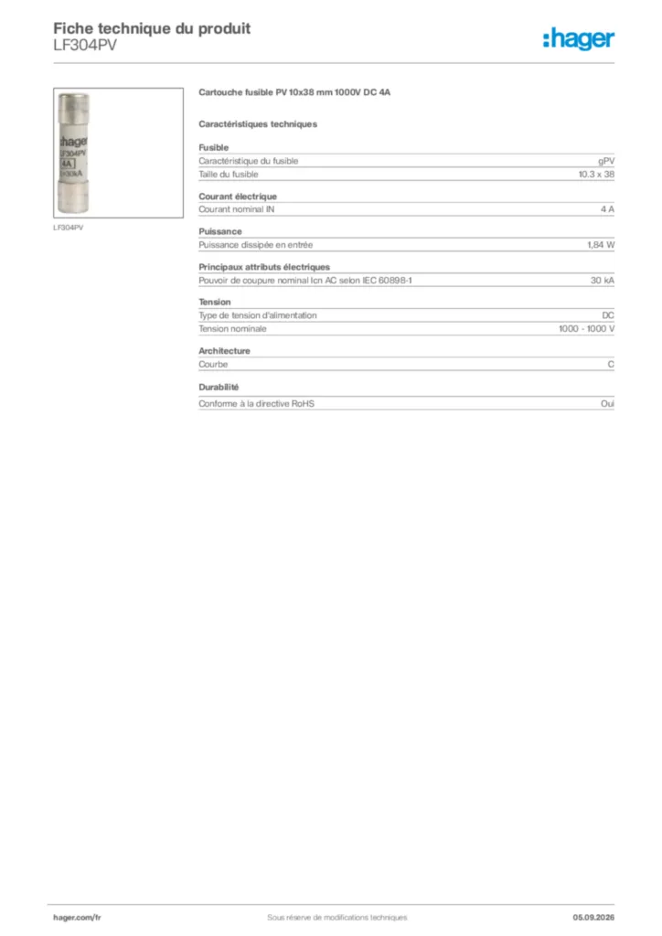 Image Hager Fiche technique du produit LF304PV | Hager France
