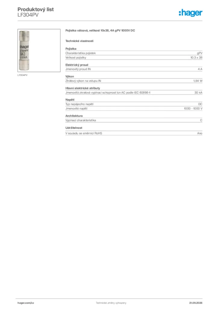 Obrázek Hager Generováno - Datový list produktu LF304PV | Hager