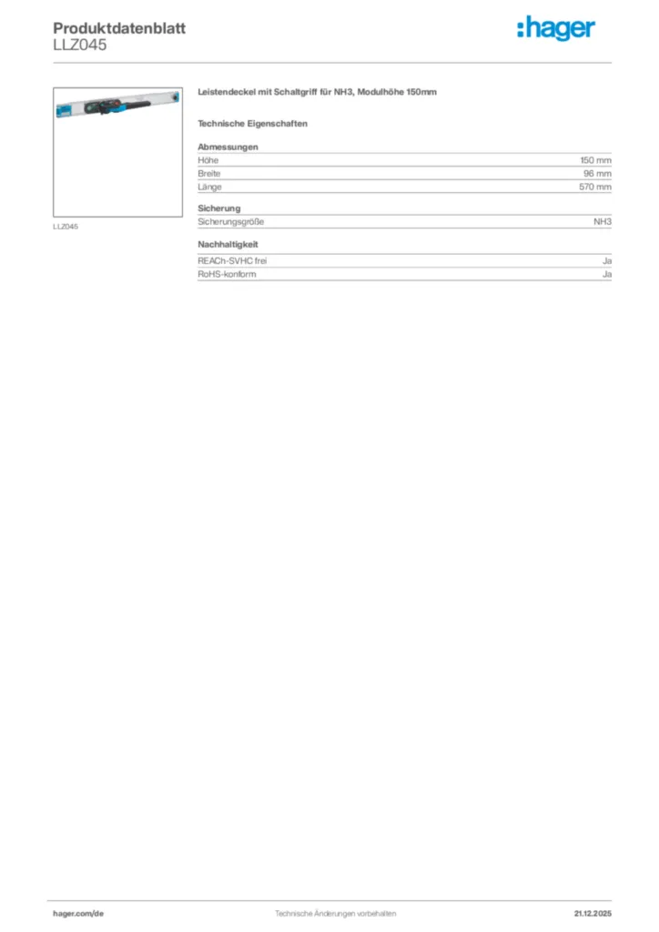 Bild Hager Produktdatenblatt LLZ045 | Hager Deutschland