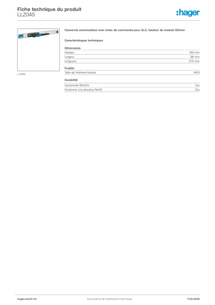 Image Hager Fiche technique du produit LLZ045 | Hager Suisse