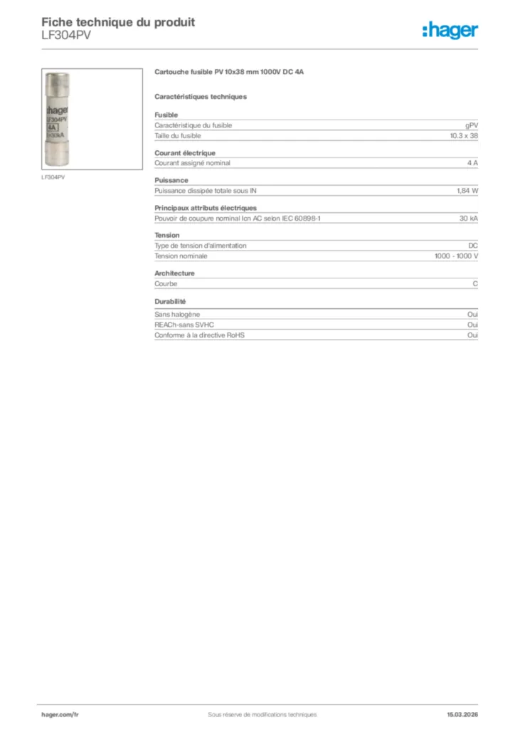 Image Hager Fiche technique du produit LF304PV | Hager France