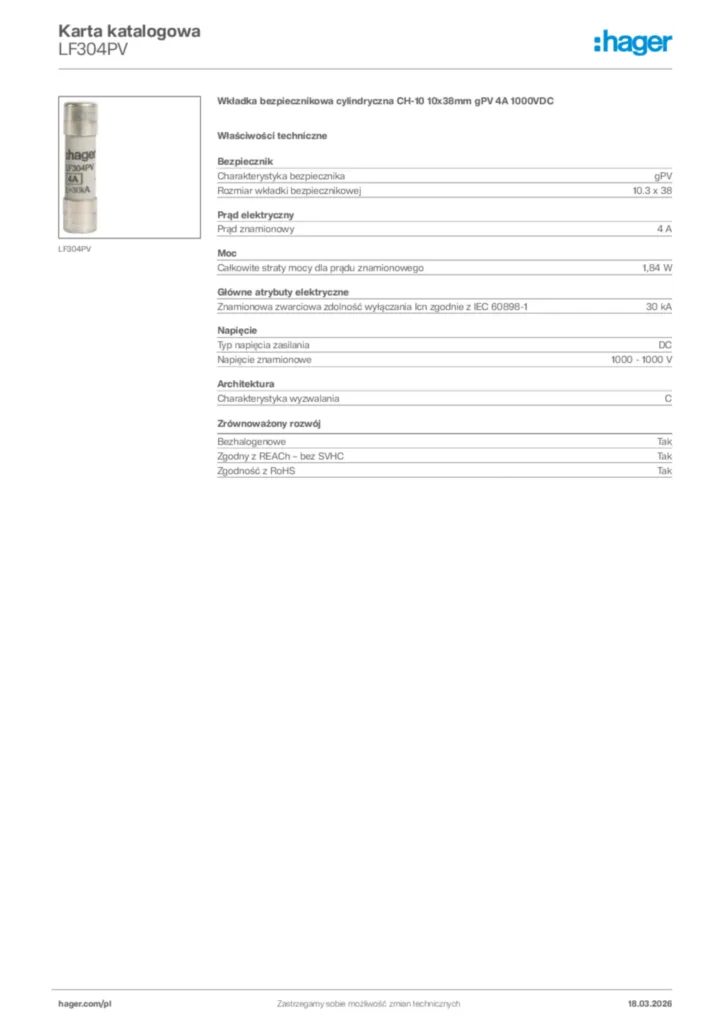 Zdjęcie Hager Karta katalogowa LF304PV | Hager Polska