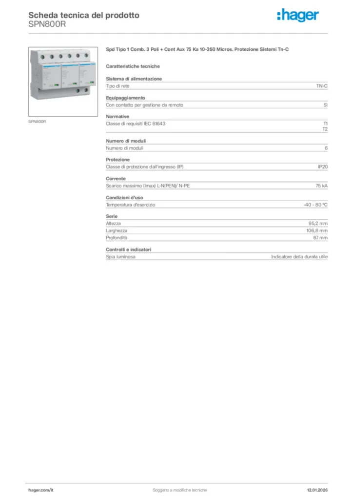 Immagine Hager Scheda tecnica del prodotto SPN800R | Hager Italia