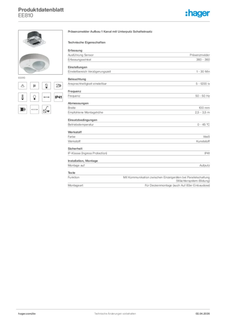 Bild Hager Produktdatenblatt EE810 | Hager Deutschland